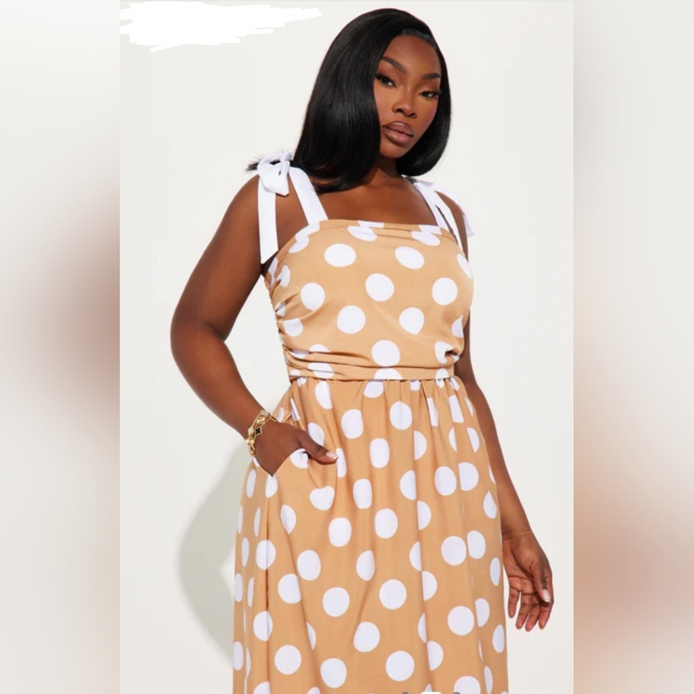 Fashion Nova Tan and White Polka Dot Maxi Dress - Picture 3 of 6